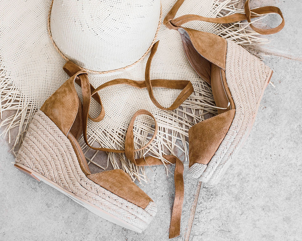 How to Pack for a Summer Beach Weekend --- Brown Suede ESPADRILLE WEDGE summer beach sandal and Brixton Morrison frayed edge straw hat-1