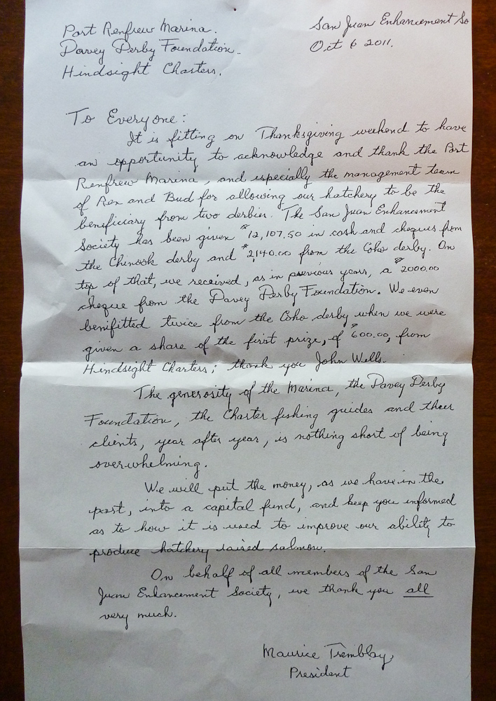 Thank you letter from San Juan Hatchery