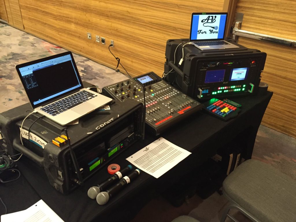 Picture of AV for You tech table and the new x32 Producer mixer with our UHF-R rack and pulse video switcher.