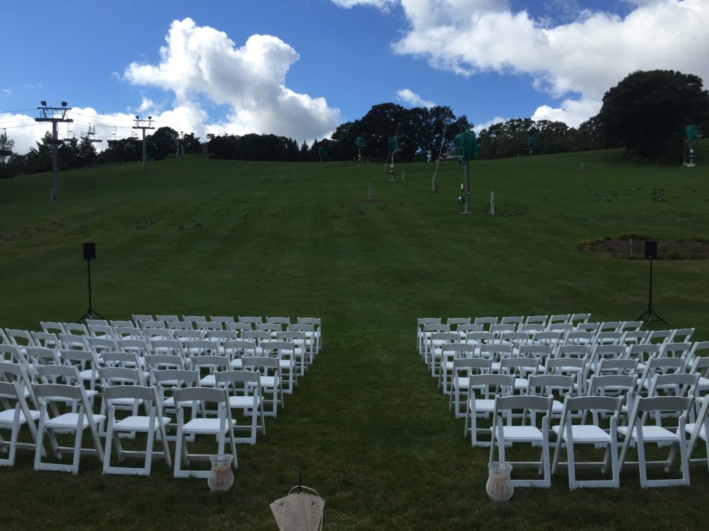 Photo of wedding reception set-up at the the Hyland Hill Chalet. Photo shows AV for You K8 speakers.