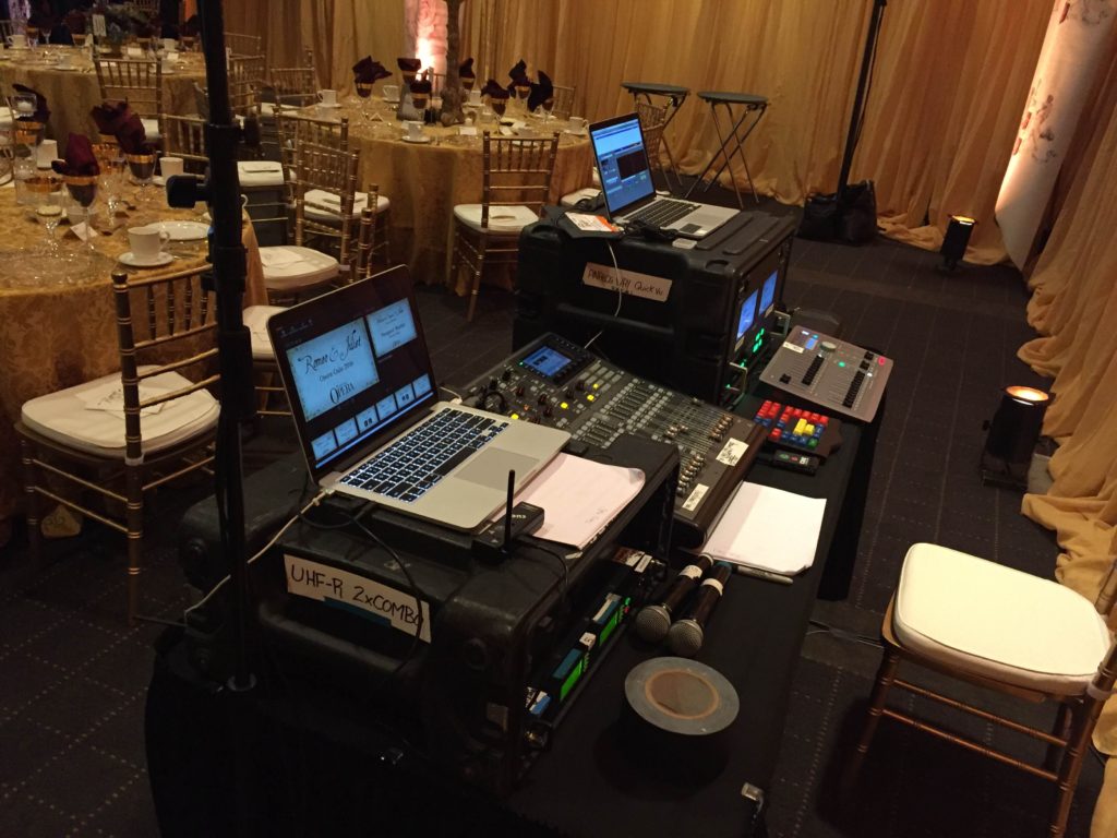 Picture of tech table for AV for You audio, video, and lighting set-up for a fundraising event held by the Minnesota Opera at the Travelers Insurance Building in St. Paul.