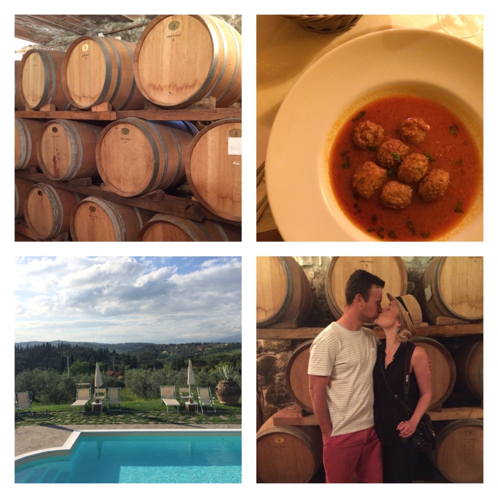 Wine tour on the property we stayed at in Chianti, Tuscany // homemade meatballs...enough said. // the view from our little apartment in Chianti, Tuscany // barrel room kisses! this room was 100+ years old and used to be for curing meats