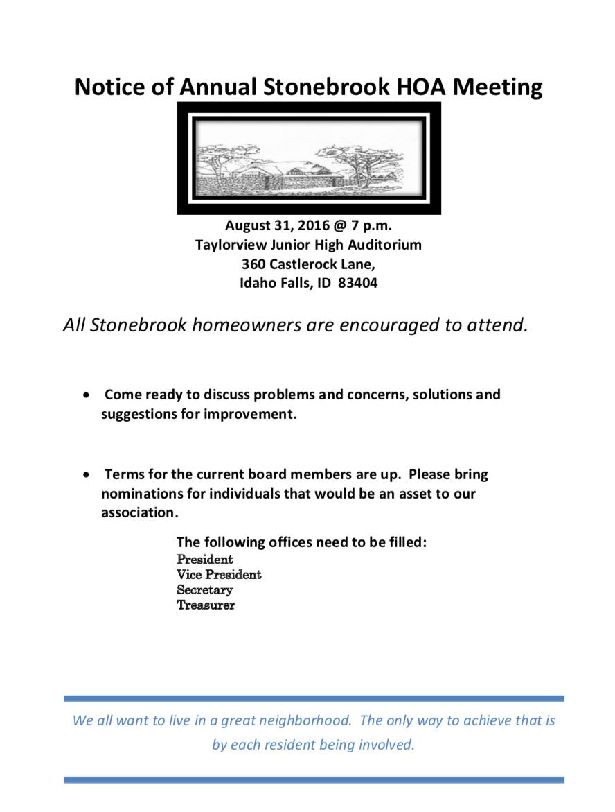 Notice of Annual Stonebrook HOA Meeting — Stonebrook HOA