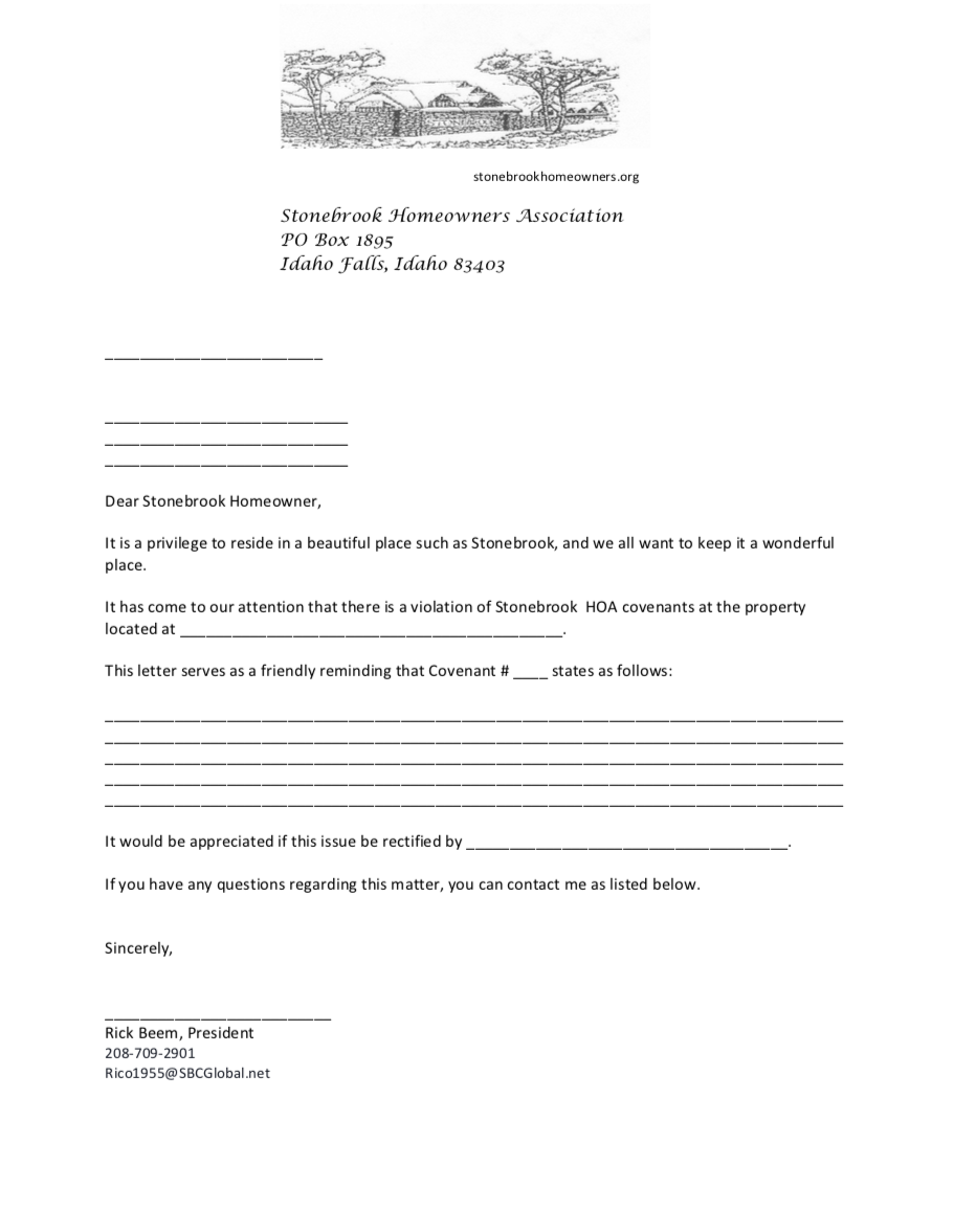 Covenant Violation Form Letter — Stonebrook HOA