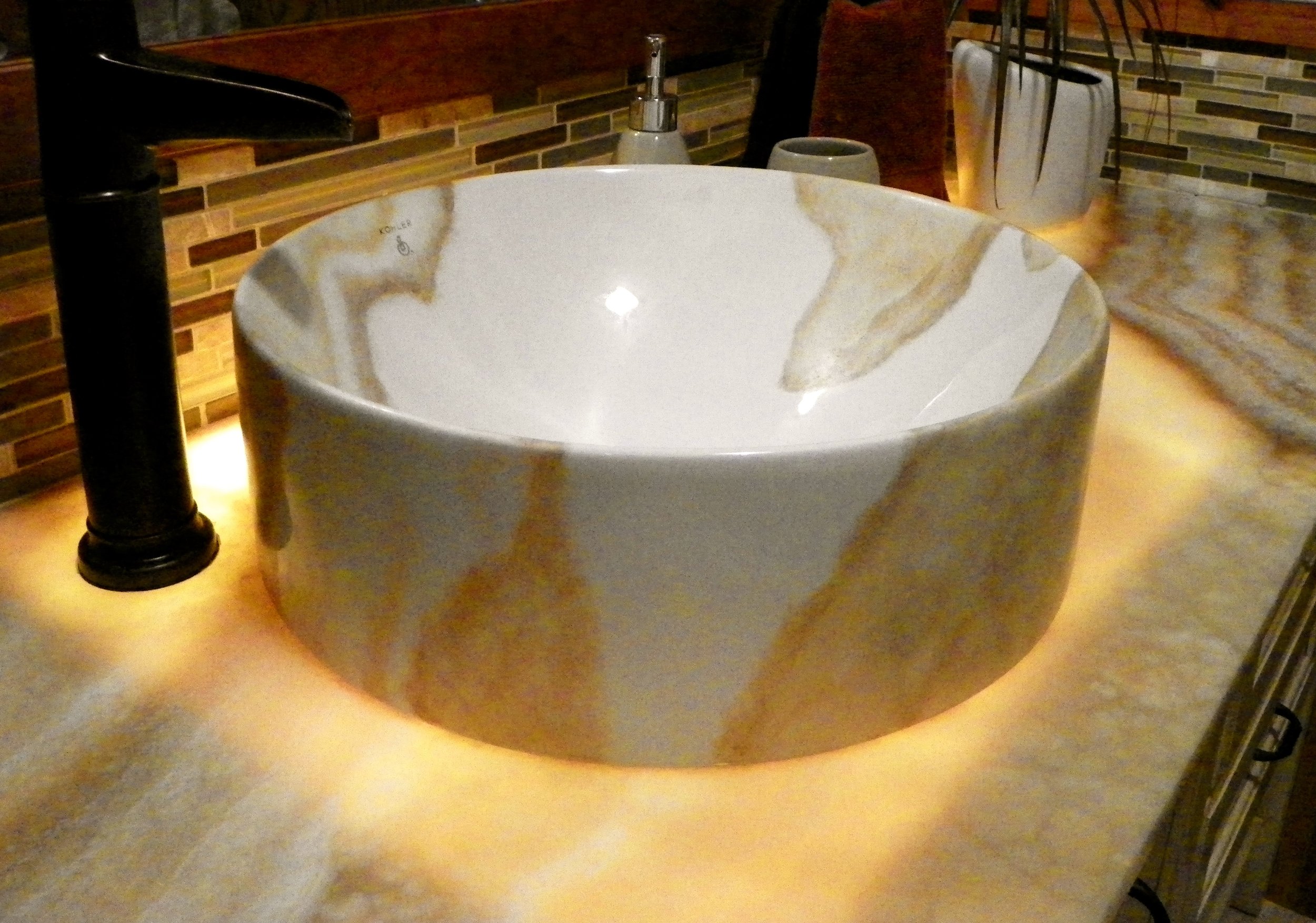 Kohler vessel sink, hand painted and fired to beautiful permanency.
