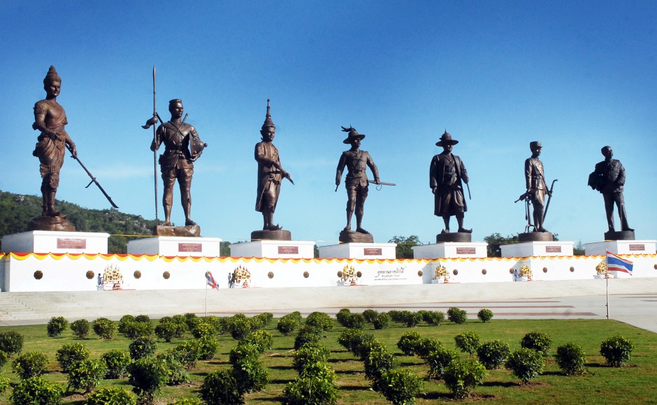 The statues of seven past Thai kings in Rajabhakti Park, a military-sponsored project embroiled in corruption allegations. (Photo: Khaosod English)