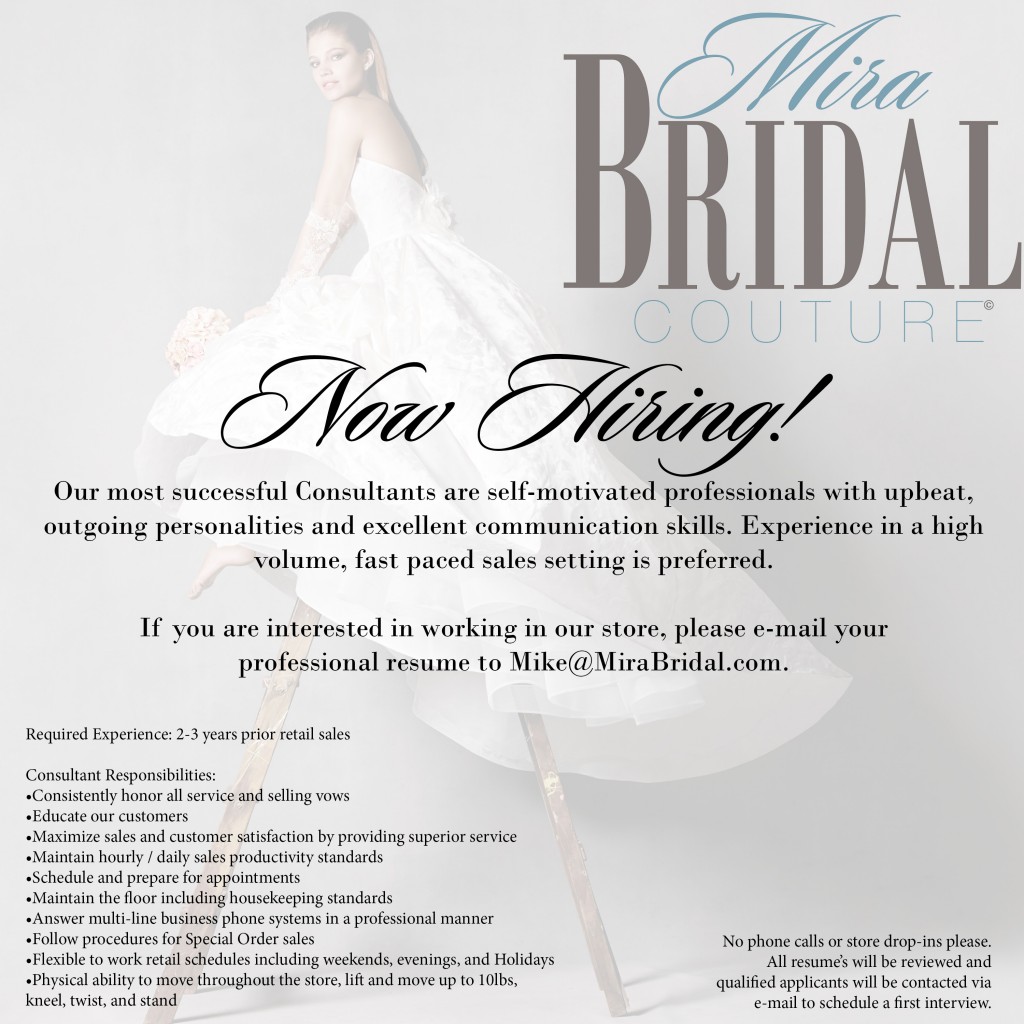 Now Hiring~Sales Consultant for Mira Bridal Couture2