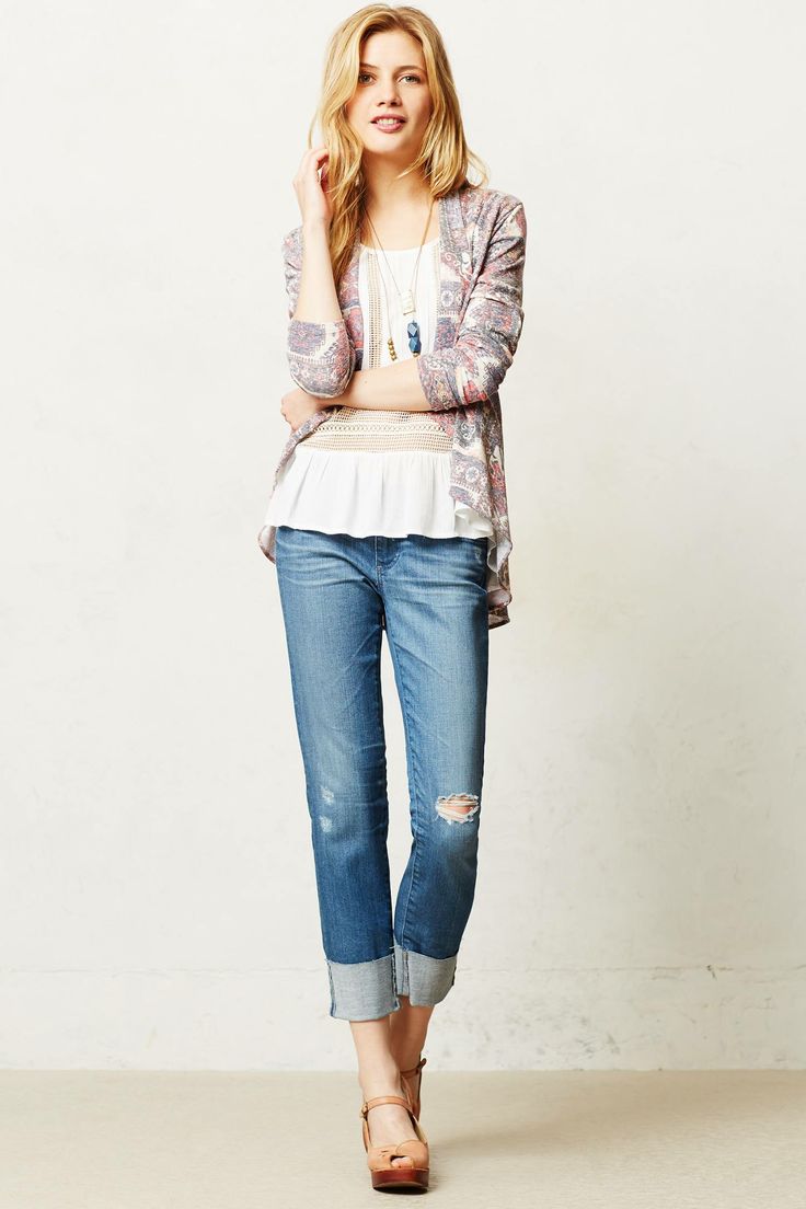  AG Stevie Cuffed jeans. Anthropologie. $188. Distressed denim is ideal with the white Opening Ceremony platform clogs.  