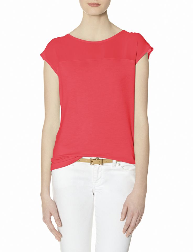  Sheer Yoke top. Available in blue, cherry red, peach, mint green, black, white. The Limited. $34.95.  