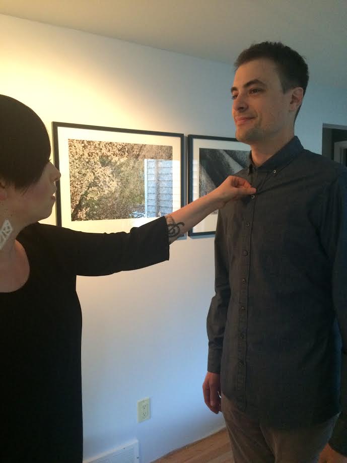  Here's my husband and Ashley Bachelder, our J. Hilburn Rep as she reviews the fit on his new shirt.  