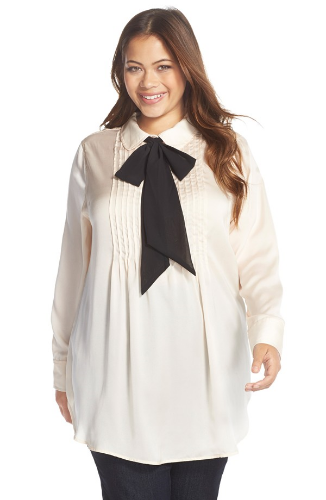  Melissa McCarthy Seven7, Bow Neck Tunic Blouse. Nordstrom. $89.00. Also comes in Black and Script 