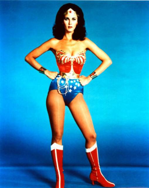  Lynda Carter as Wonder Woman striking a power pose. As a kid, I was convinced that Linda Carter was married to Jimmy Carter, but that's another story... 