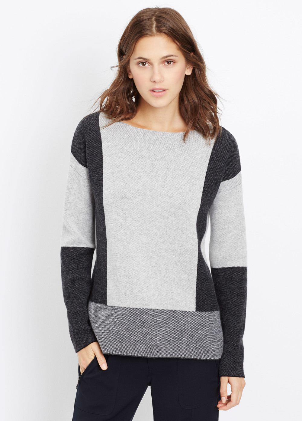  Vince Wool Cashmere Intarsia Colorblock Sweater. Available in two colors. Vince. Was: $345 Now: $138.  