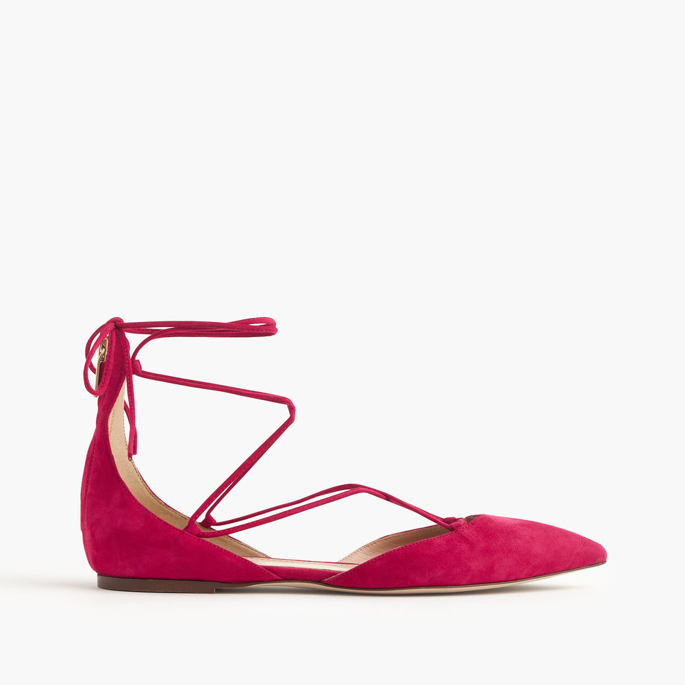 Suede lace-up pointed-toe flats. Available in black, pink. J.Crew. Was: $158. Now: $148. 