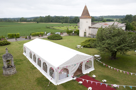 Birds eye view of marquee at Château du Bourbet, Cherval, France