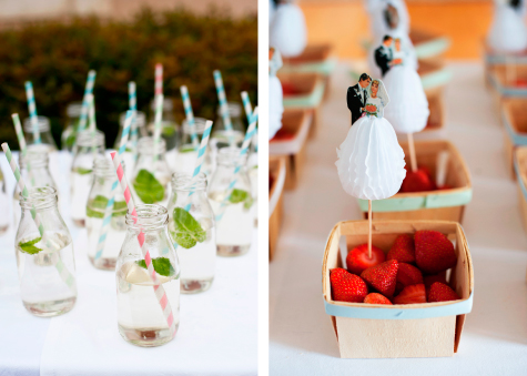 Detail shots of glass bottles with straws and boxes of strawberries with mini bride and groom decorations