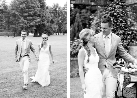 Two shots of the bride and groom in the Chateau grounds