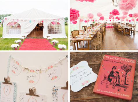 Inside and outside shots of marquee, table plan detail and The Lovers Pocketbook