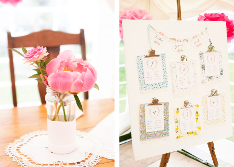 Floral table decoration, seating plan stand