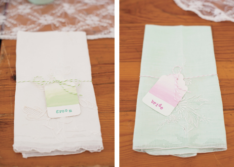 Vintage handkerchiefs as napkins for bride and groom