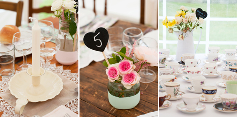 Collage of flowers in jars, candles and teacups decorating tables