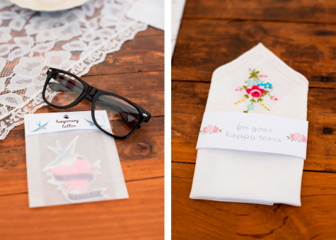 Glasses and temporary tattoo, embroidered napkin