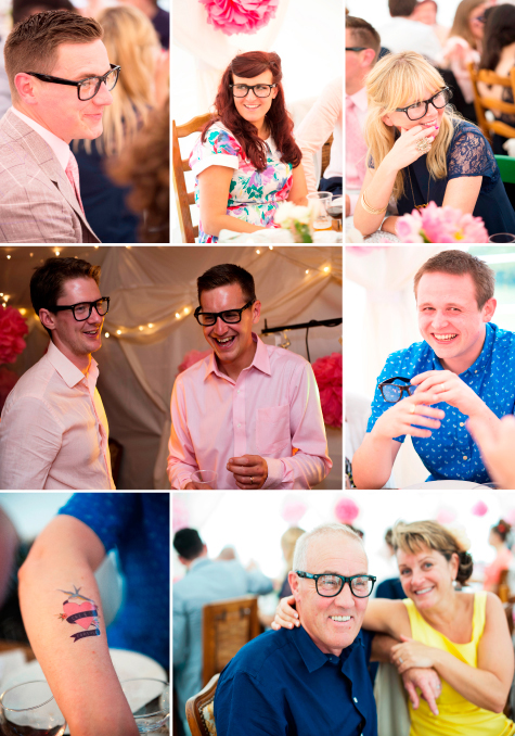Collage of wedding guests wearing glasses and tattoos
