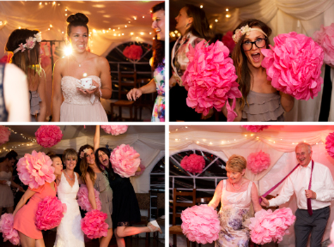 Collage of guests with pompoms in marquee