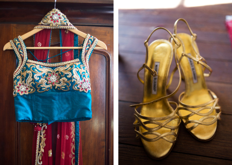 Detail shots of bride's wedding top and gold Manolo Blahnick shoes
