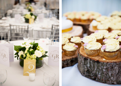 Detail side by side shots of floral table decorations and cupcakes sitting on tree bark