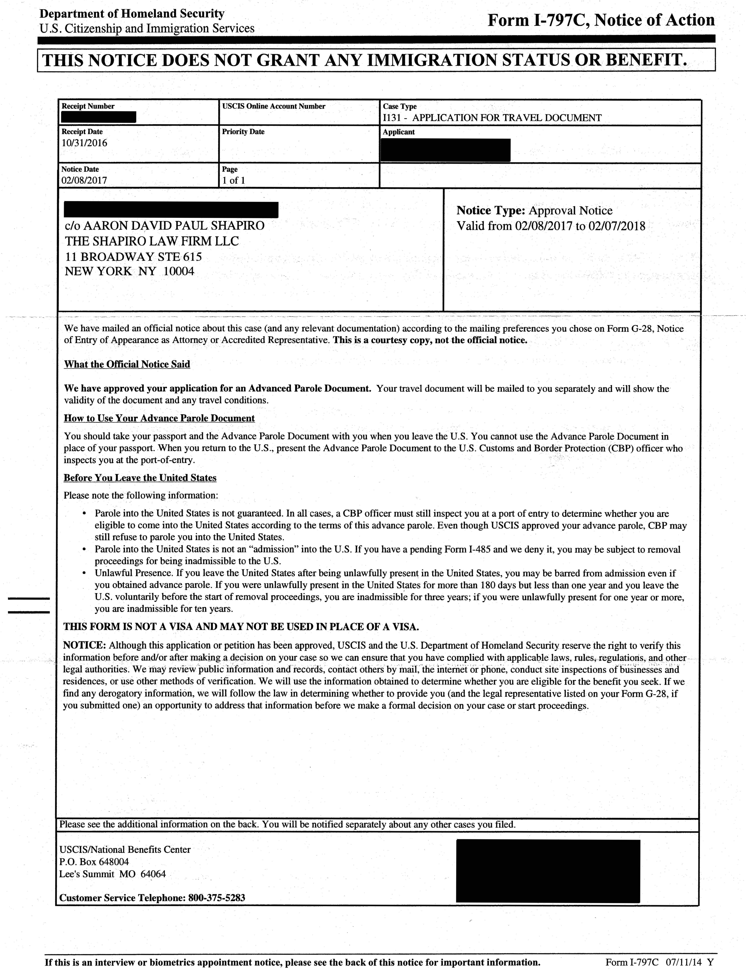 Form I-797C, Notice of Action - I-131 Approval Notice