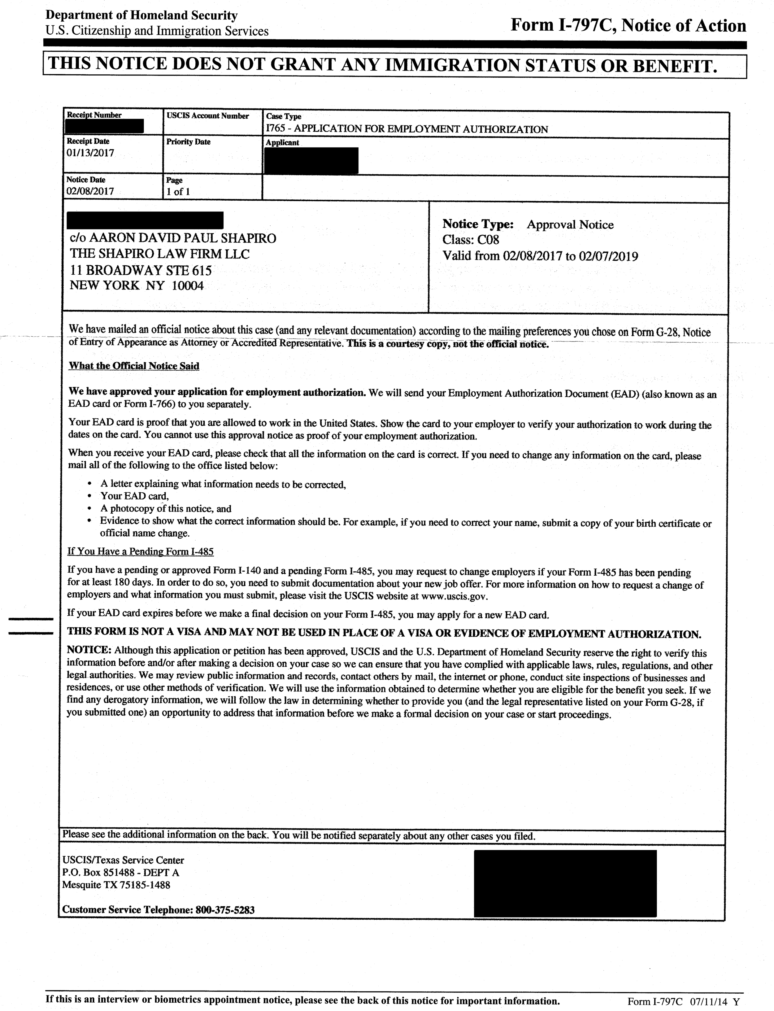 Form I-797, Notice of Action - I-765 Approval Notice