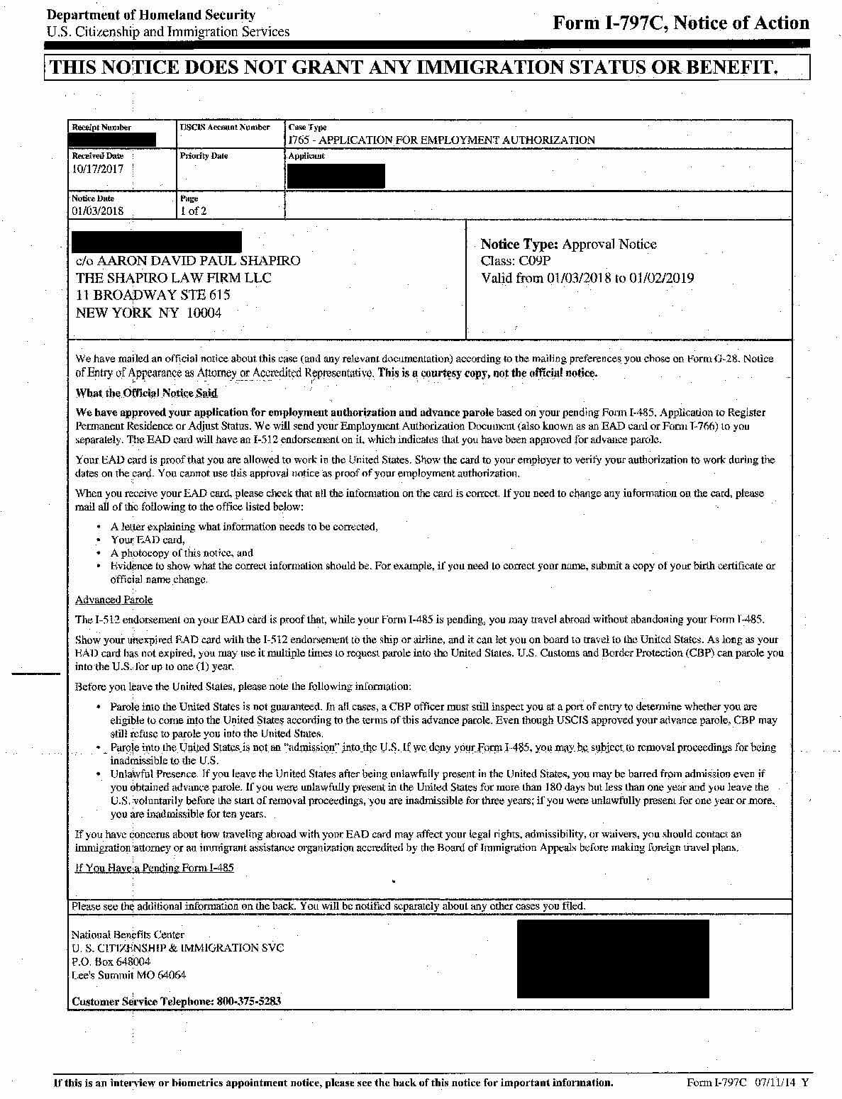 I-797C, Notice of Action - I-765 Approval Notice (c)((9)