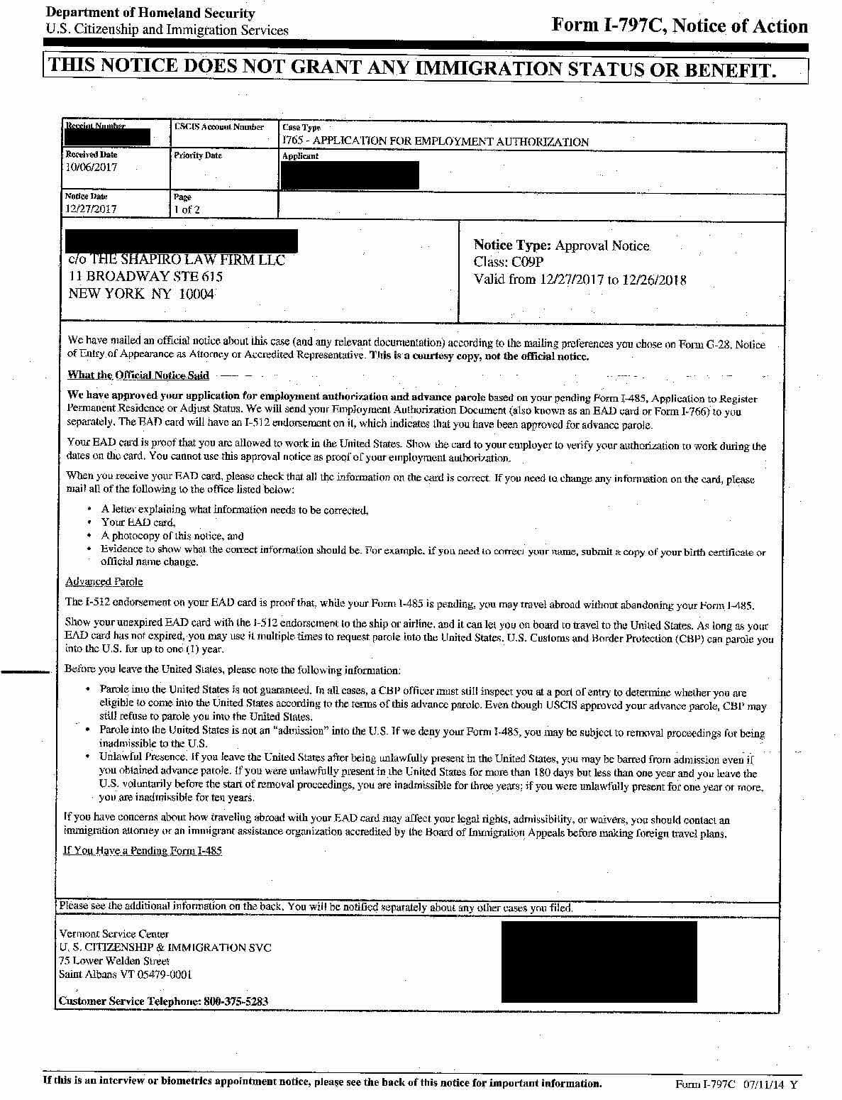 Form I-797C, I-765- Applicant for Employment Authorization, Approval Notice