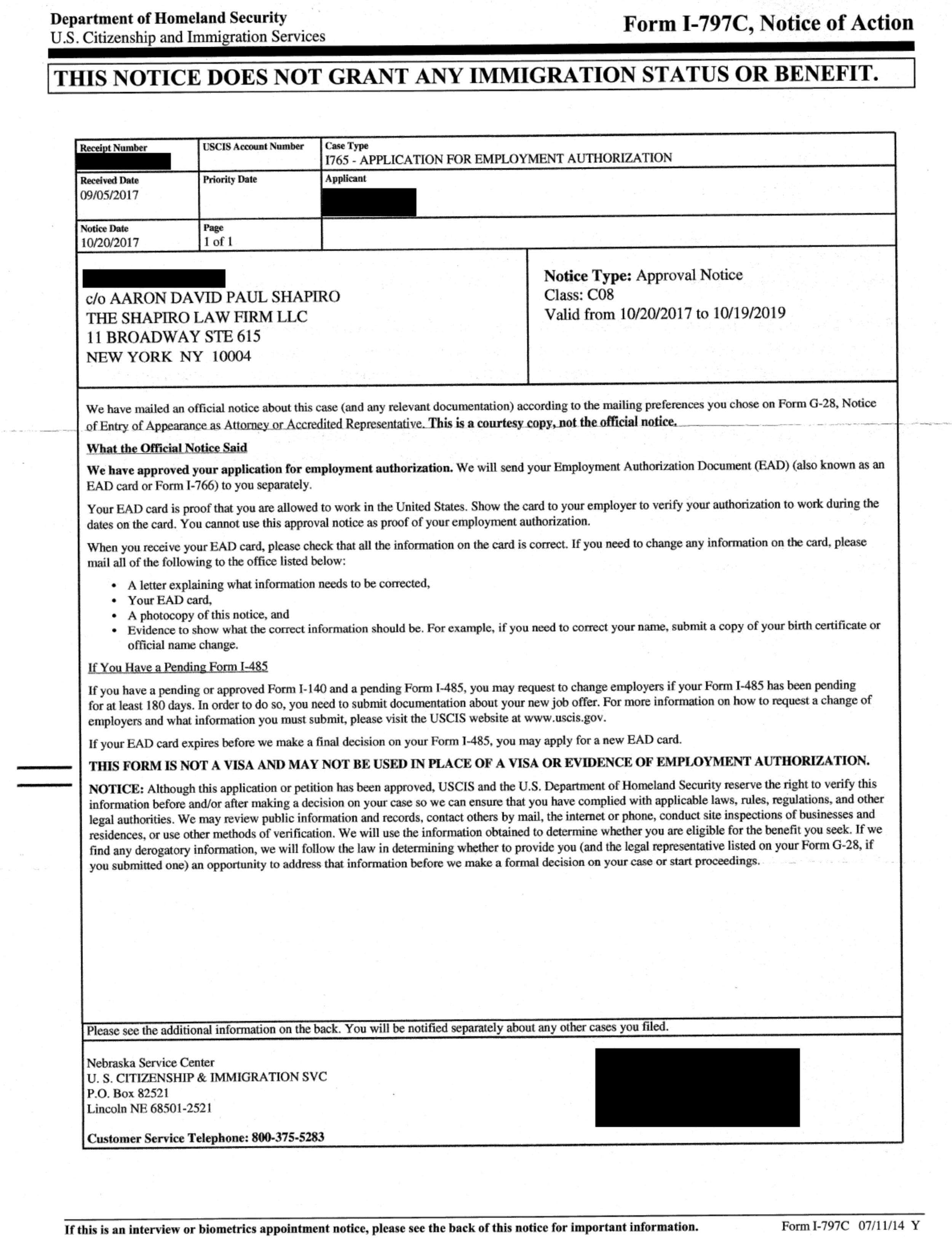 Form I-797C, I-765- Applicant for Employment Authorization, Approval Notice