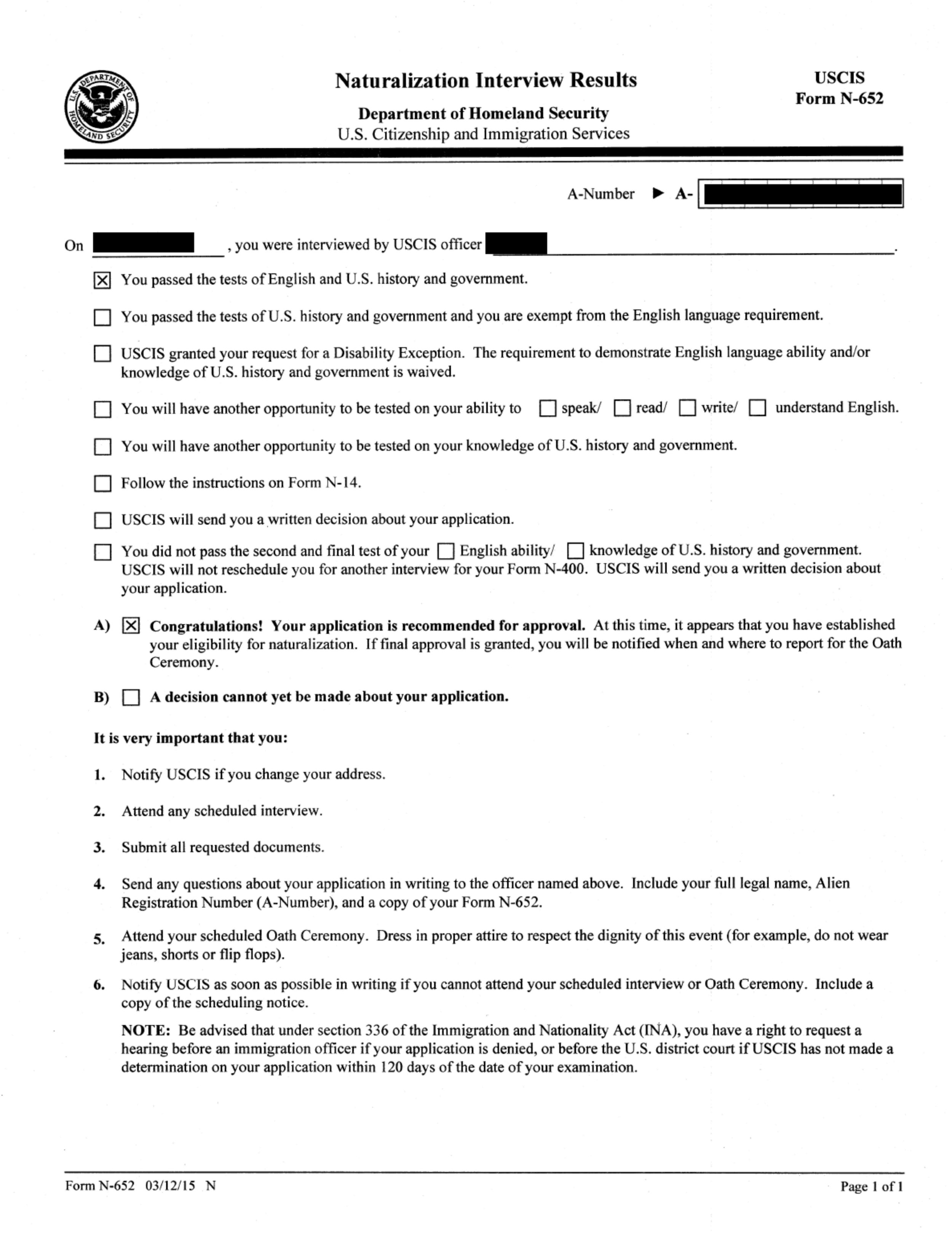 Naturalization (N-400) Interview Approval