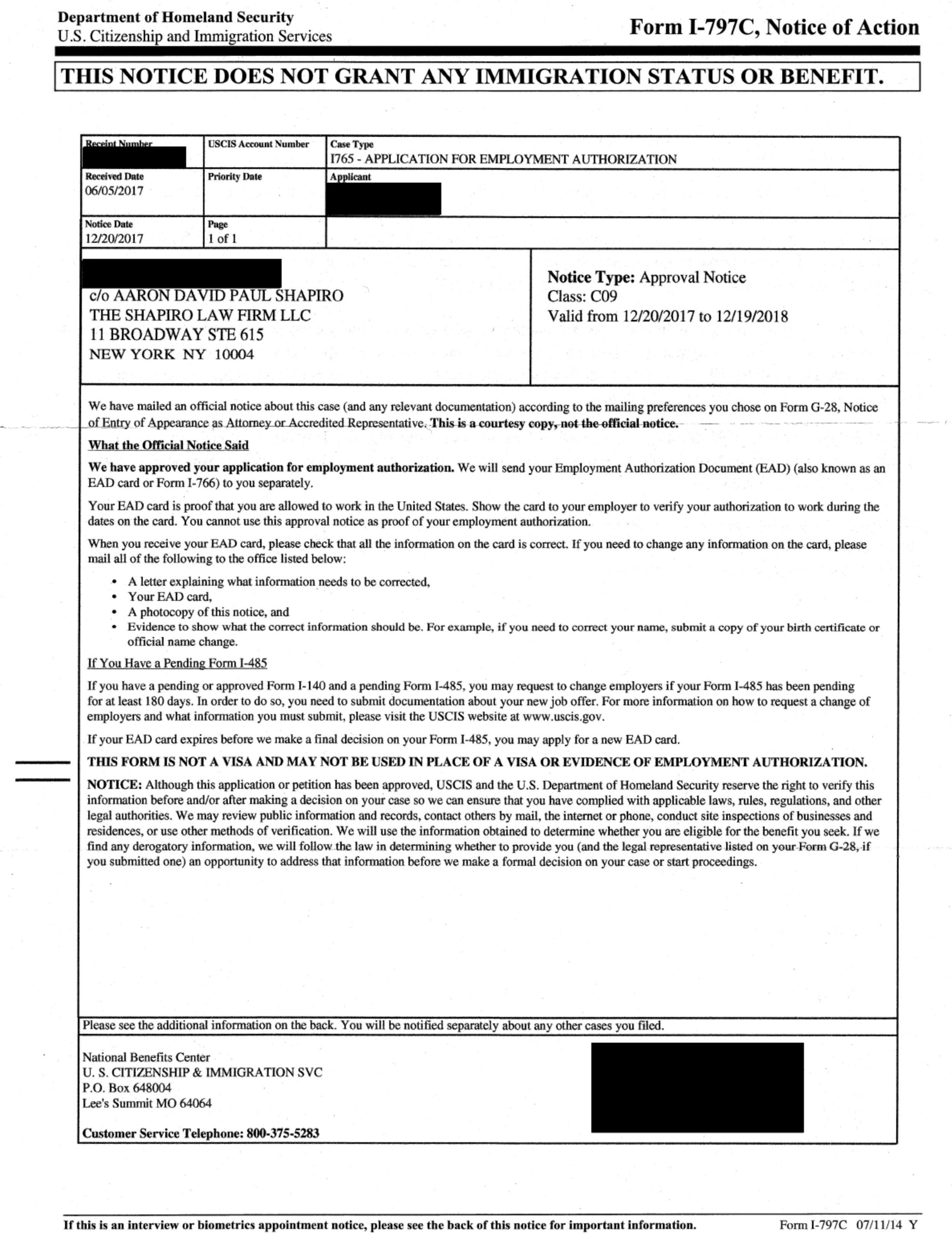 Form I-797C, Notice of Action -  I-765 Approval Notice