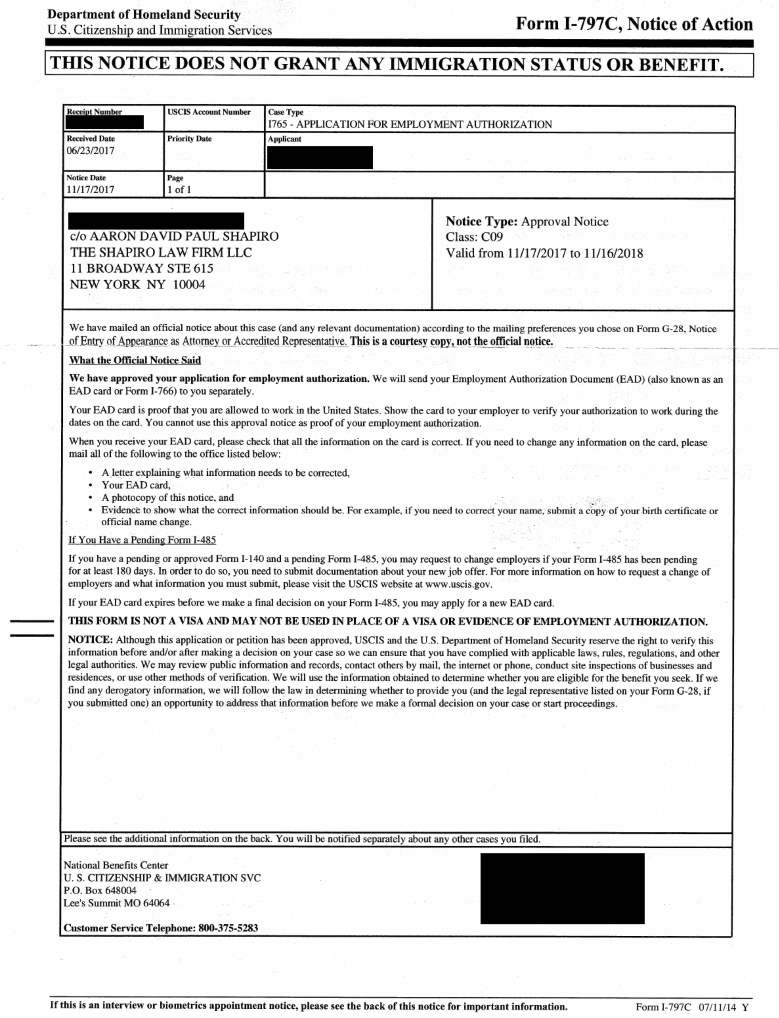 Form I-797C, I-765 Approval Notice