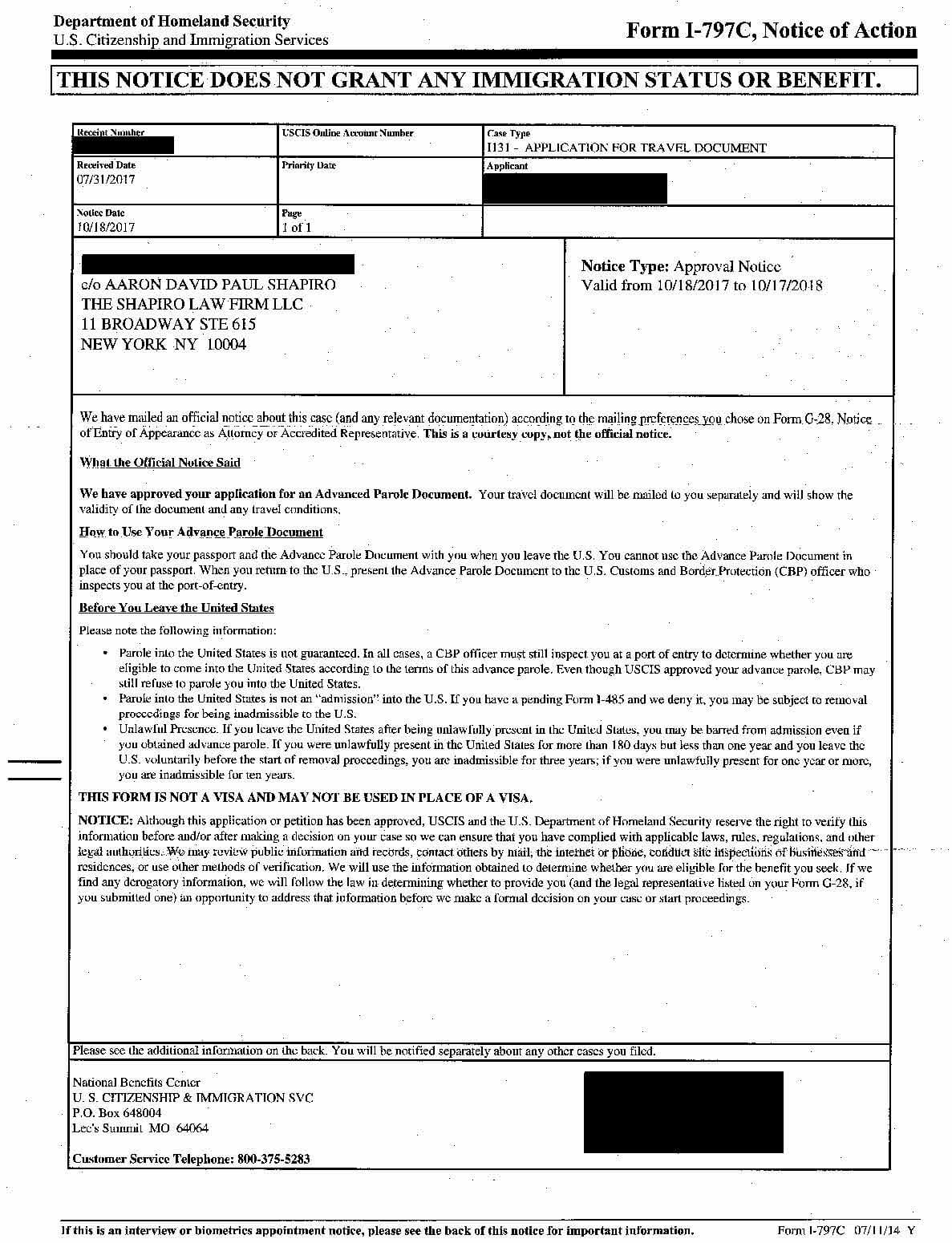 Form I-797C, I-131 Approval Notice