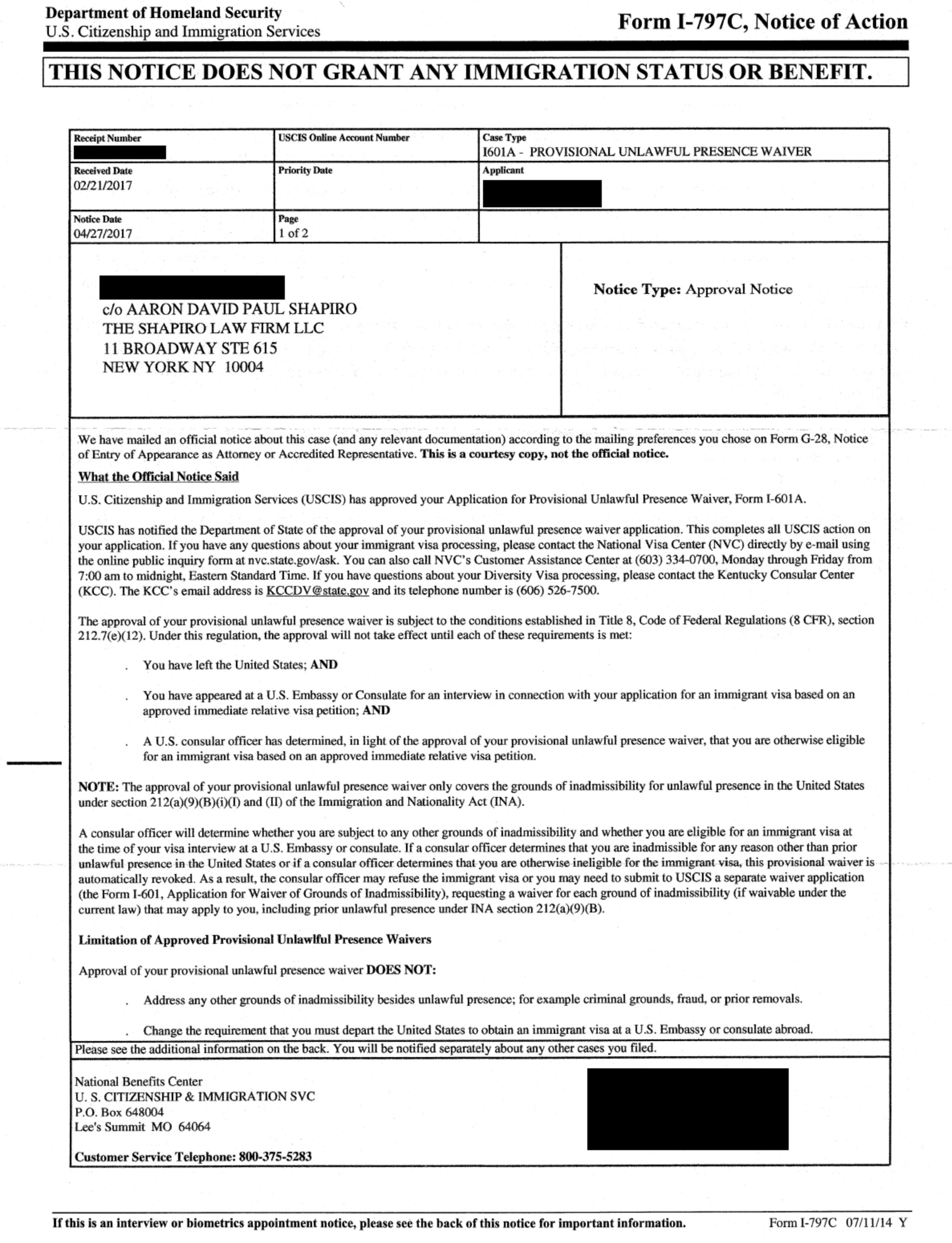 Form I-797C, I-601A Approval Notice, Page 1