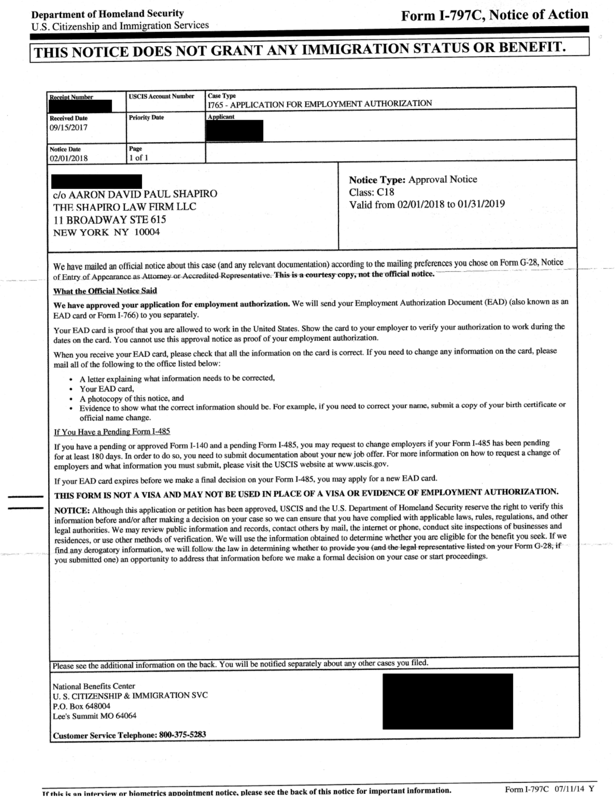 Form I-797C, Notice of Action - I-765 Approval Notice