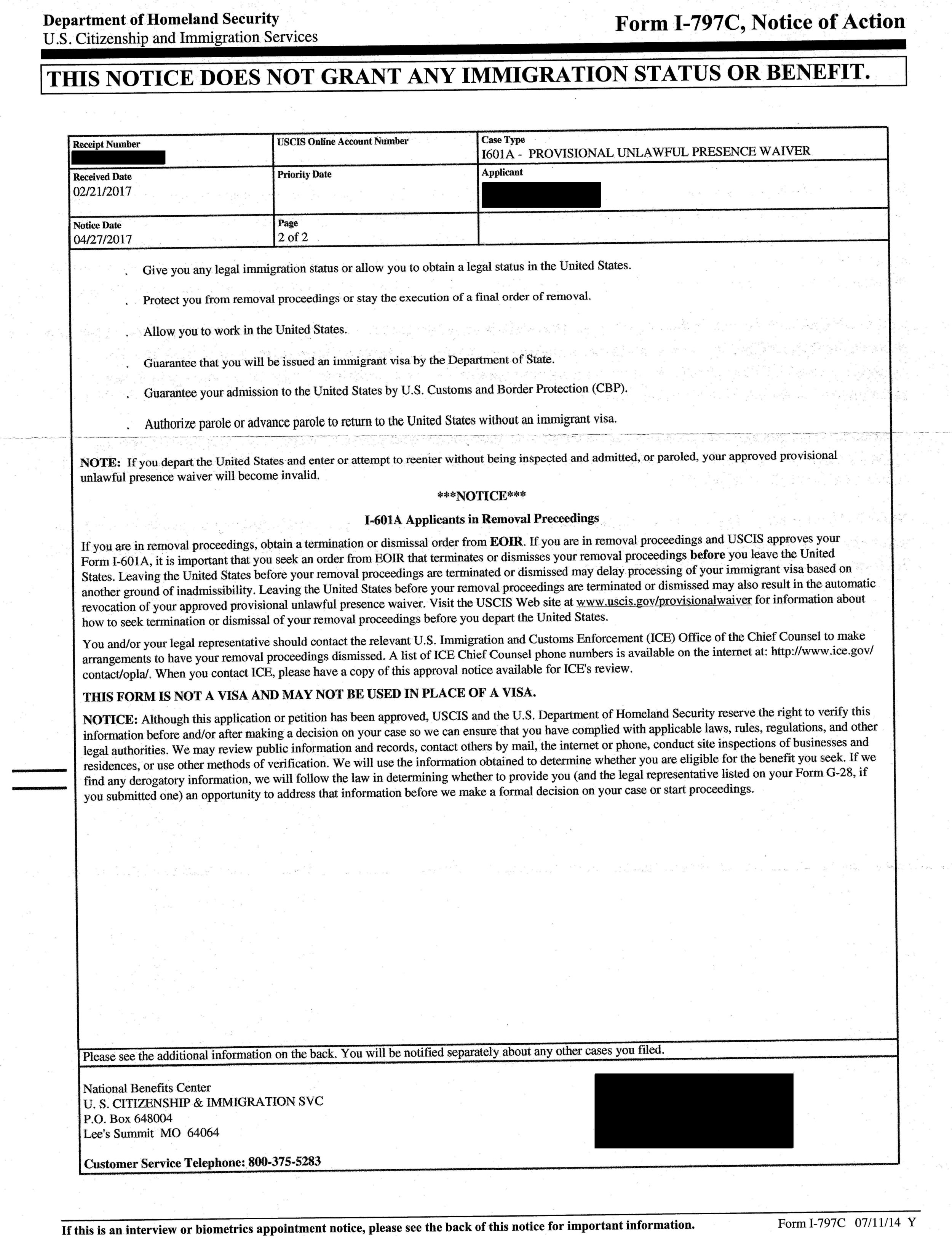 Form I-797C, I-601A Approval Notice, Page 2