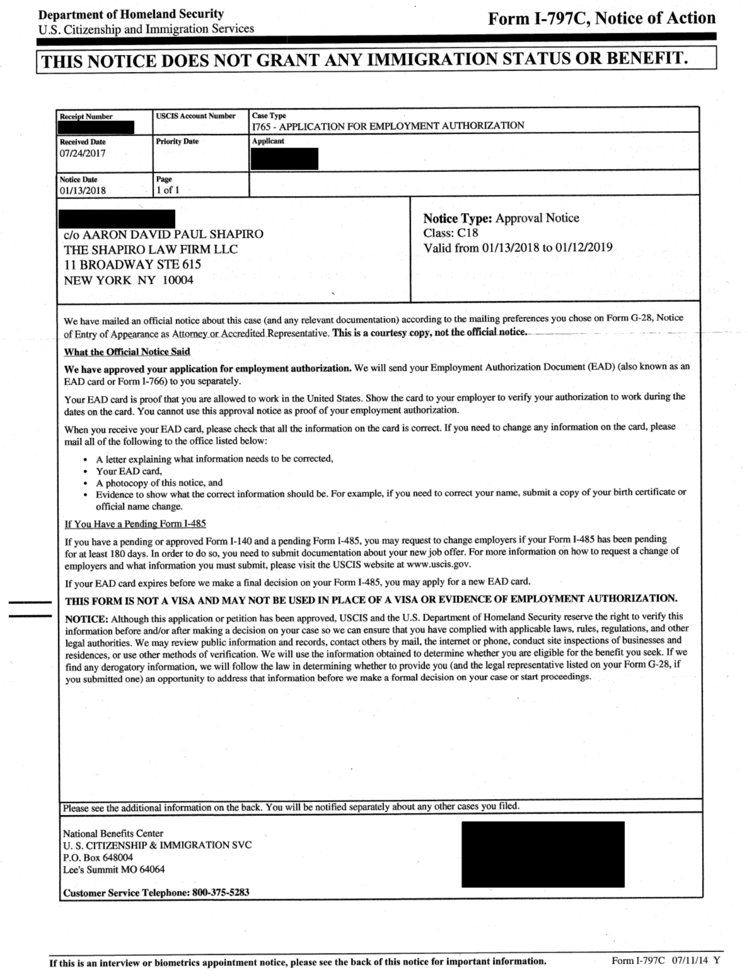 Form I-797C, Notice of Action -  I-765 Approval Notice