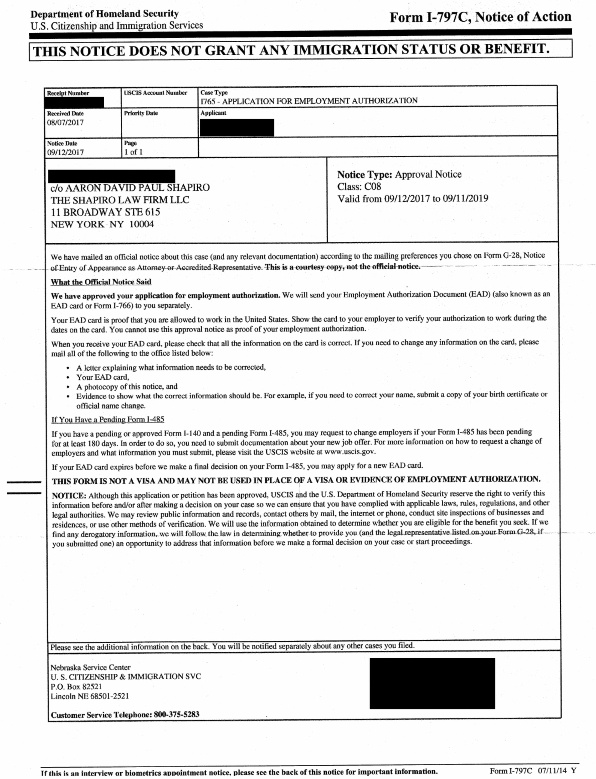 Form I-797C, I-765 Approval Notice