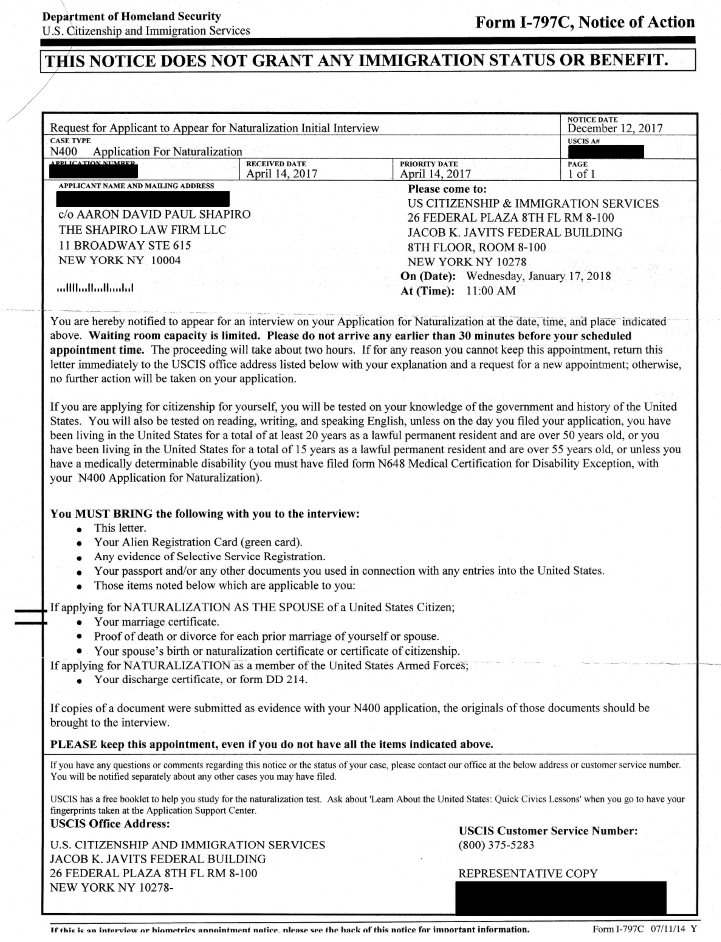 I-797C, Notice of Action - Naturalization Oath Ceremony Letter