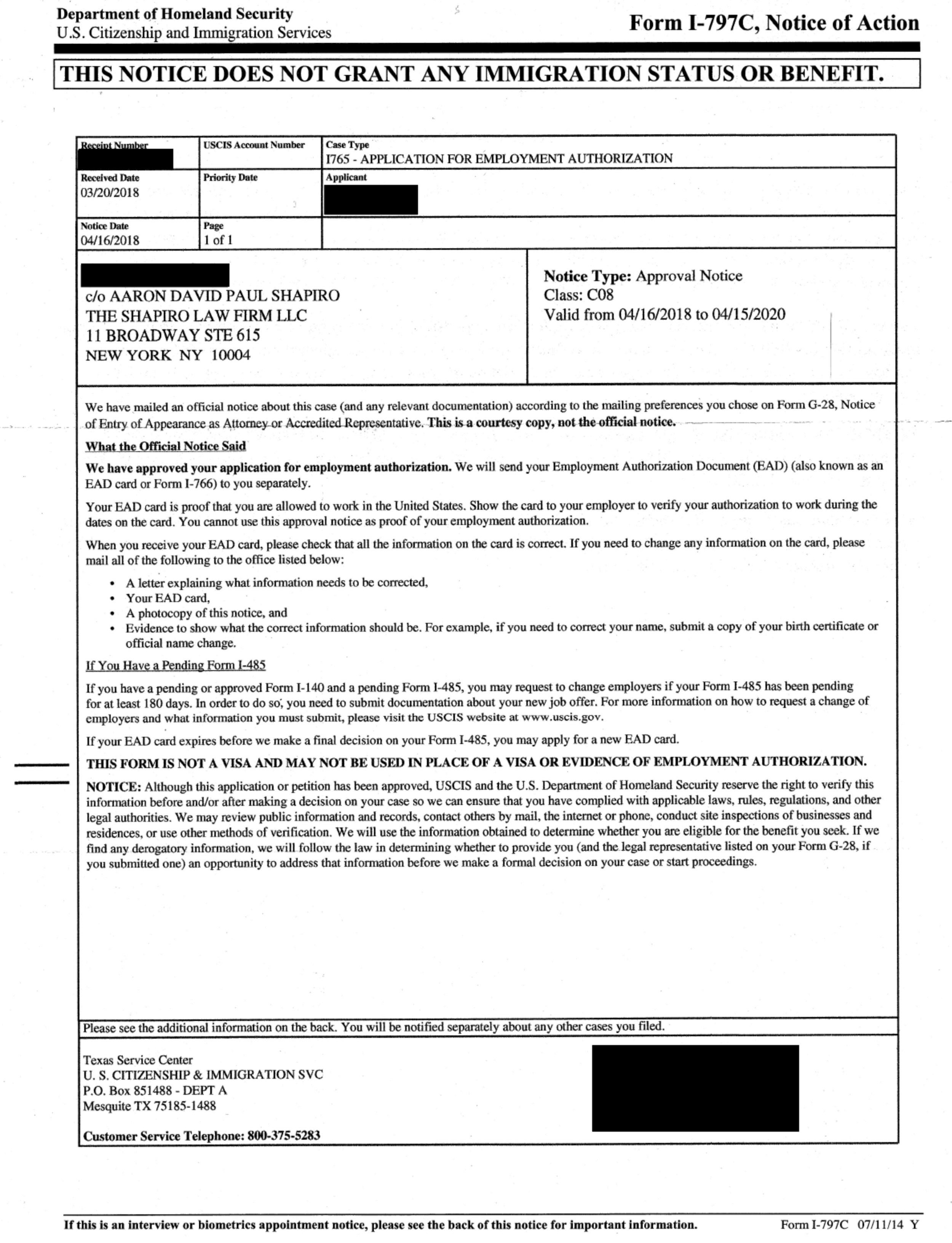 I-797C, Notice of Action - I-765 Approval Notice