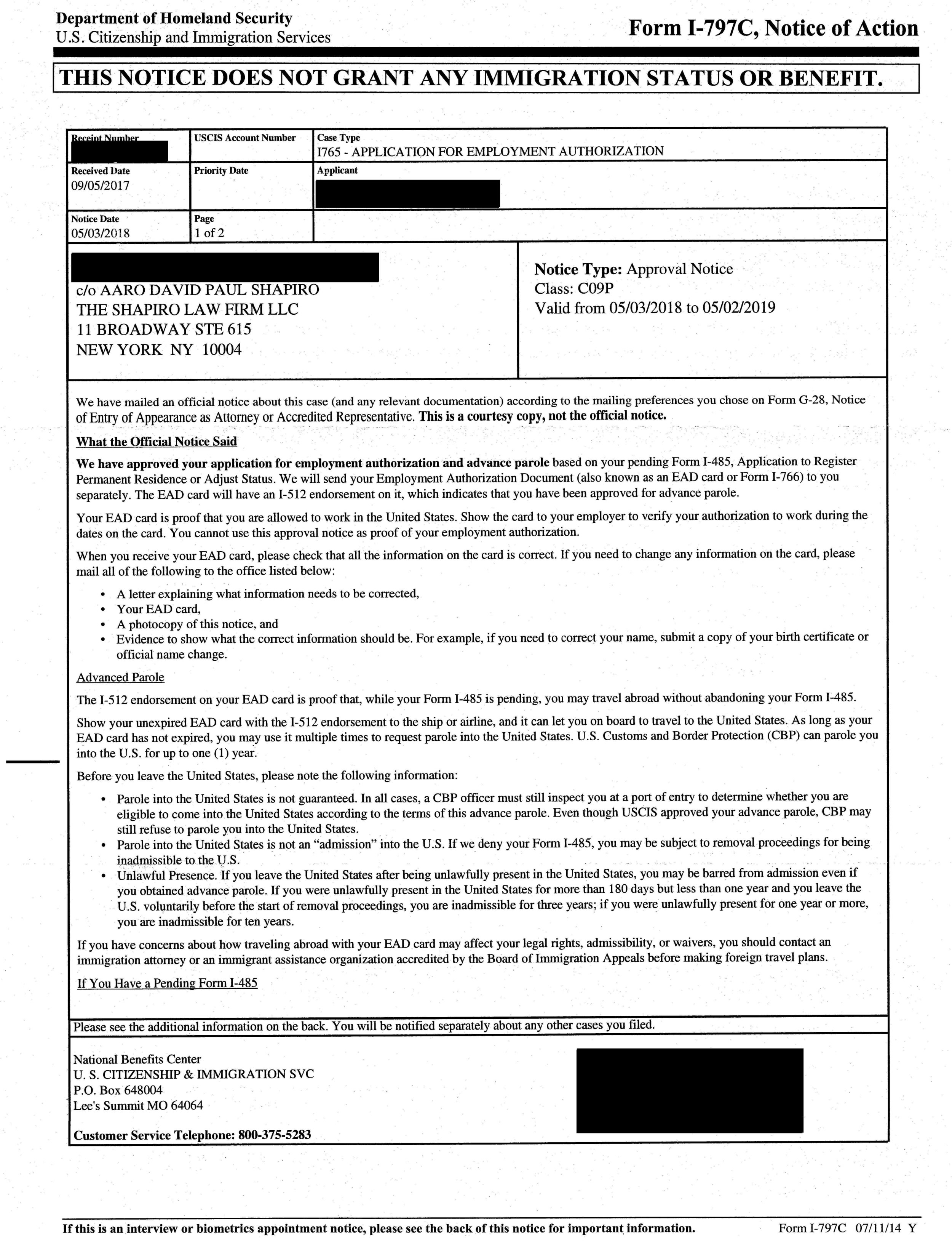 I-797C, Notice of Action - I-765 Approval Notice