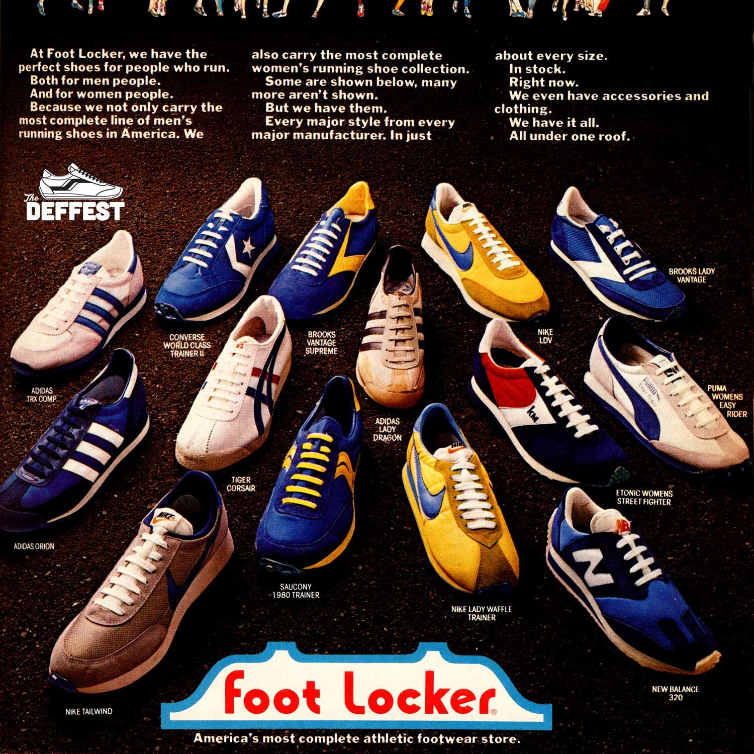 Deffest®. A vintage and sneaker blog. — Foot Locker 1979 vintage ad featuring Nike, Adidas, Puma, Saucony, Converse, Tiger, Etonic, New and Brooks