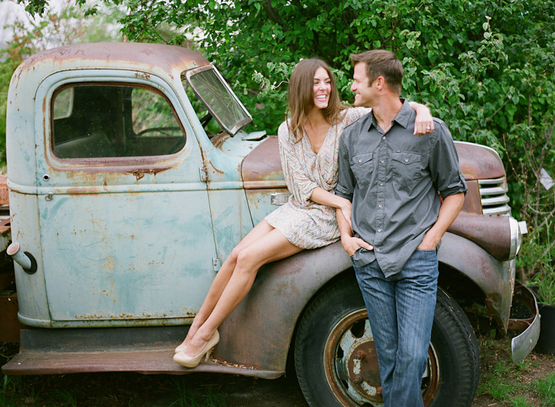 Santa Margarita Ranch, engagement photos of couple on vintage truck at nursury