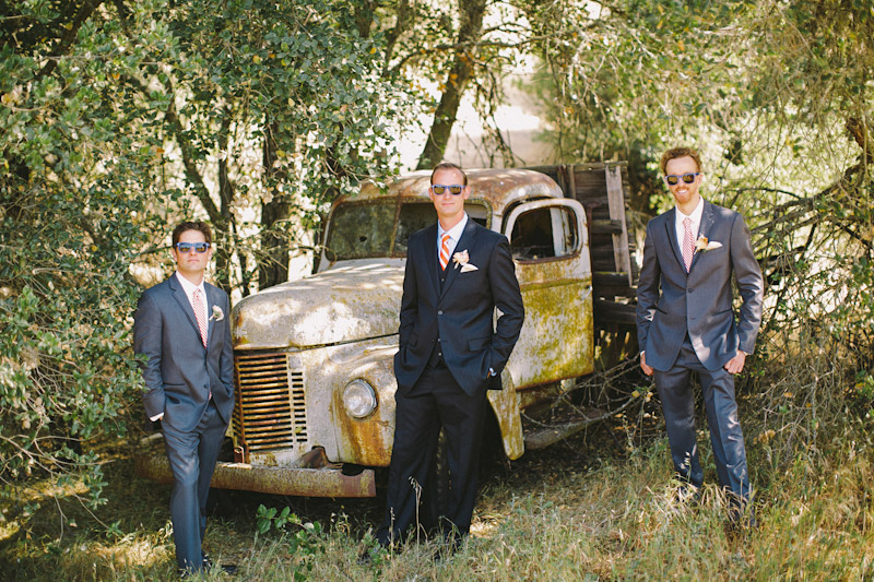 Paso Robles Ranch & Vineyard, groomsmen standing by old truck